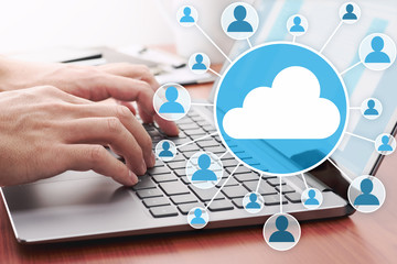Cloud computing concept. Sharing file on server.Using laptop for sending data on cloud server.