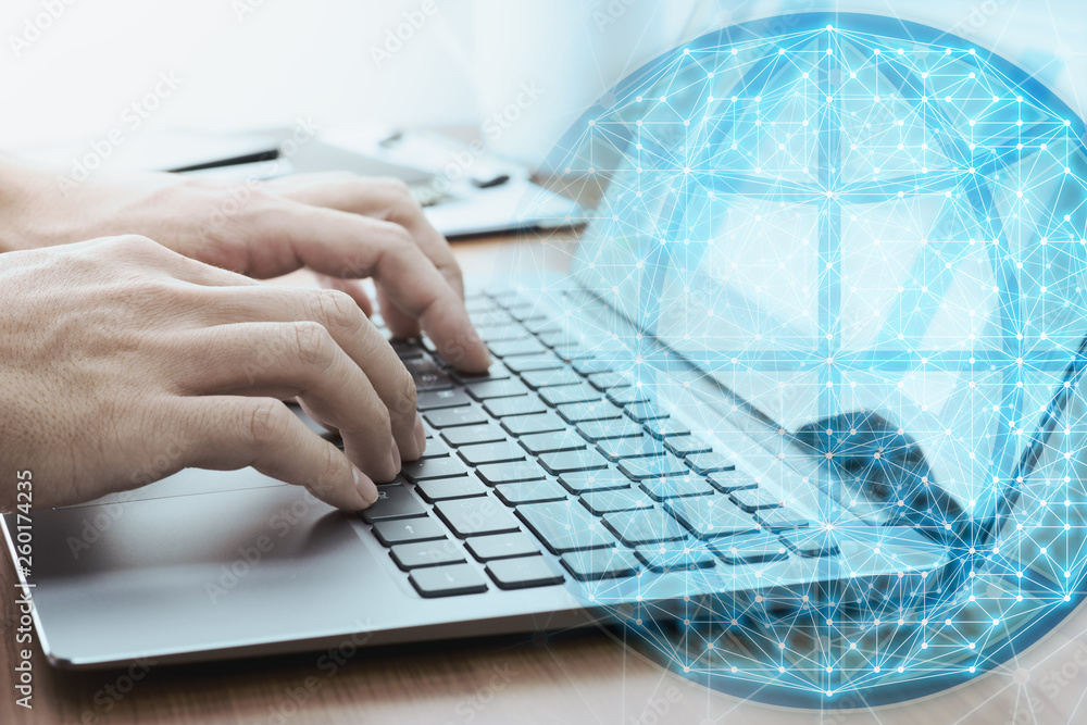 Poster Global network technology concept. Businessman using laptop for internet. Laptop and online network structure.