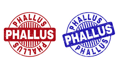 Grunge PHALLUS round stamp seals isolated on a white background. Round seals with grunge texture in red and blue colors. Vector rubber overlay of PHALLUS title inside circle form with stripes.