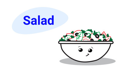 cute vegetable salad bowl cartoon comic character with smiling face happy emoji kawaii hand drawn style healthy food concept horizontal
