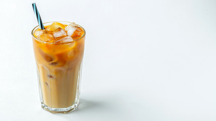 glass of cold coffee on white background.