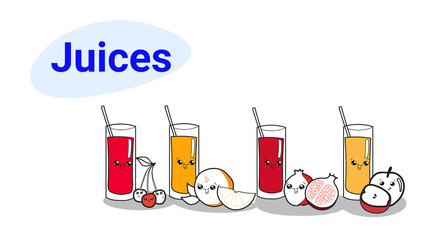 set of different juice glasses with ripe fruits cartoon comic characters smiling faces happy emoji kawaii hand drawn style fresh drink concept horizontal