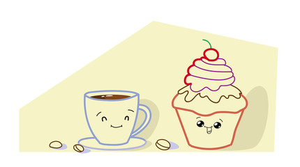 cute muffin cake with coffee cup cartoon comic characters smiling faces tasty cupcake and hot drink happy emoji kawaii hand drawn style sweet bakery delicious breakfast concept horizontal