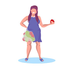 fat obese girl holding apple fruit sad unhappy woman eating fruits diet weight loss concept female cartoon character full length flat