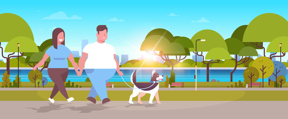 fat obese couple walking with husky dog overweight man woman having fun outdoor city urban park obesity concept sunset landscape background horizontal full length flat