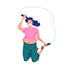 fat obese woman doing exercises with jumping rope overweight girl training aerobic workout weight loss concept flat white background