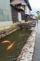 Historical village Furukawa in Hida, Gifu prefecture, Japan. Old town with water canal