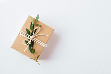 Craft gift box with green brunch on white background. Copy space for text.