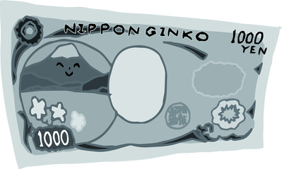 Monochrome Deformed Back side of Cute hand-painted Japanese 1000 yen note