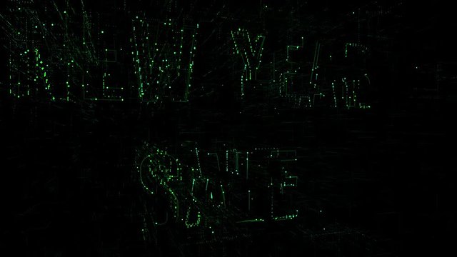 3D animation data digital code with 'New Year Sale' text. Futuristic information technology concept. Green letters on black background