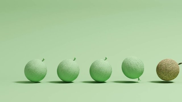 Outstanding green rmelon rolling after melons on green background. Minimal concept idea. 3D Animation.