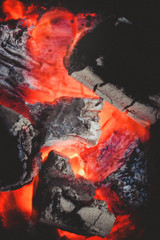 burning charcoals in stove.close-up view,background and texture
