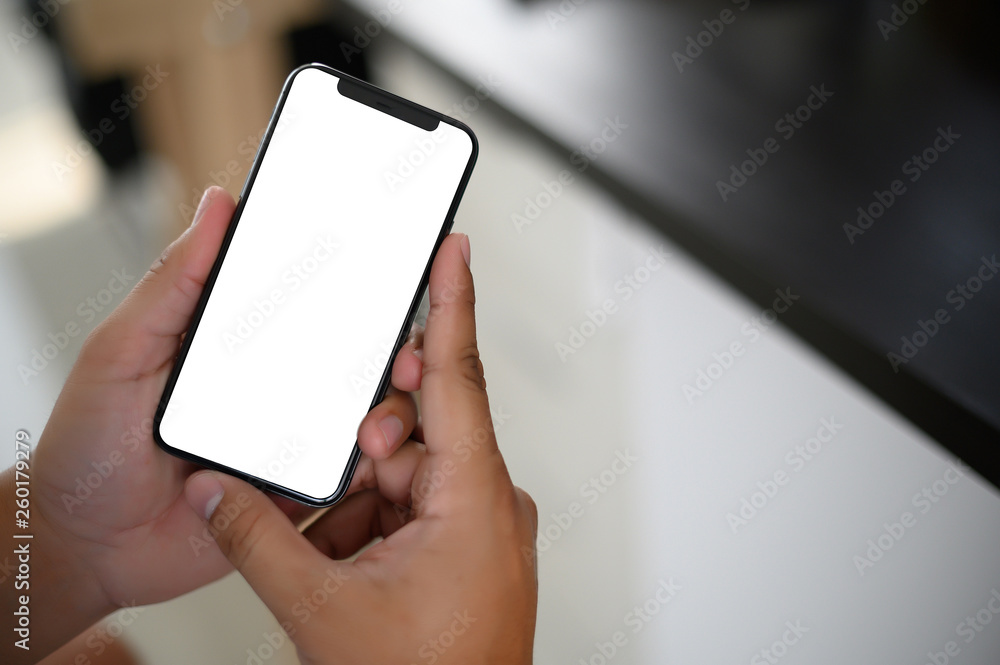 Poster manhands using a smartphone text work digital and communication concept
