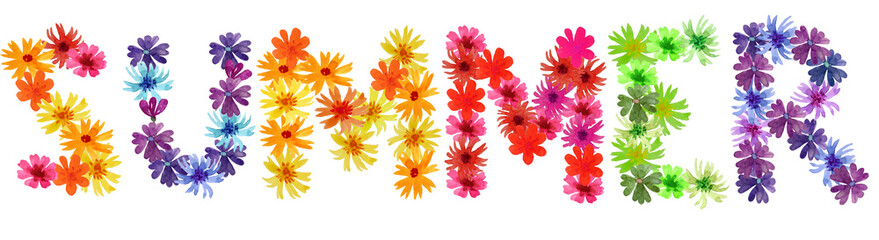 Letters summer from summer flowers. watercolor illustration for decoration and design of wallpaper, banner, cards