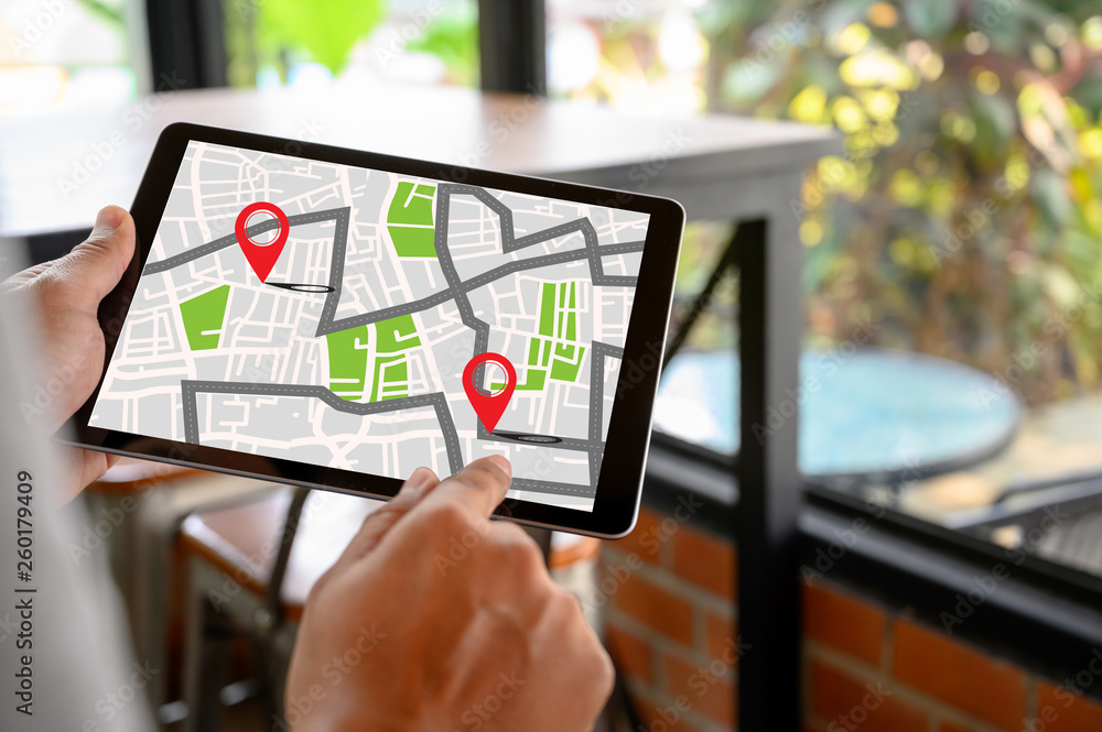 Poster gps map to route destination network connection location street map with gps icons navigation
