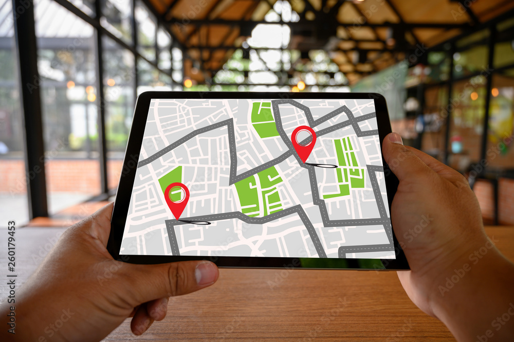 Poster gps map to route destination network connection location street map with gps icons navigation
