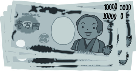 Monochrome Bunch of Cute hand-painted Japanese 10000 yen note