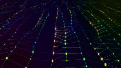 Futuristic abstract particle surface wave. Wavy grid of bright binary 0 and 1 creating curved plane. Futuristic 3D illustration. Stylized Hi-Tech backdrop with Field of View