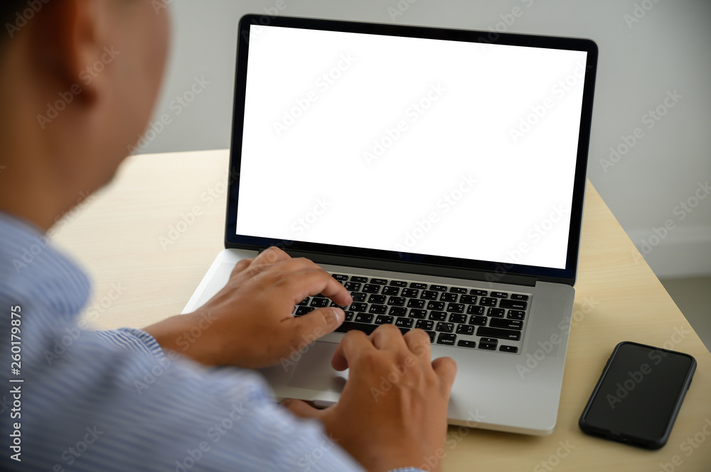 Poster man working on his laptop with blank copy space laptop with blank screen mock up blank screen comput