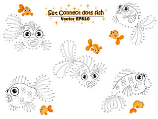 Set Connect the dots draw the cute cartoon goldfish and color. educational game for kids. Vector illustration