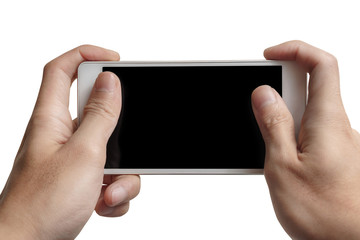 Close up of hand holding standby for play game on mobile, blank advertising smartphone...