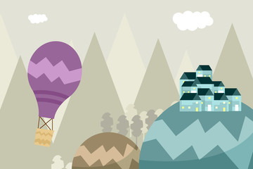 Illustration graphique pour le papier peint de la chambre des enfants avec la maison, la colline et la montgolfière violette. Peut être utilisé pour l& 39 impression sur le mur, les oreillers, la décoration d& 39 intérieur pour enfants, les vêtements pour