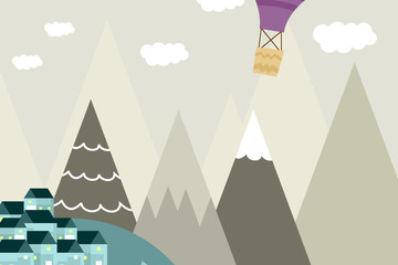 Grafische Illustration für Kinderzimmertapete mit Haus, Hügel und lila Heißluftballon. Kann für Druck an der Wand, Kissen, Dekoration für Kinder, Babykleidung, Textilien und Karten verwendet werden