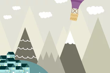 Foto op Plexiglas Kinderkamer Grafische illustratie voor kinderkamerbehang met huis, heuvel en paarse luchtballon. Kan worden gebruikt voor afdrukken op de muur, kussens, decoratie kinderinterieur, babykleding, textiel en kaart