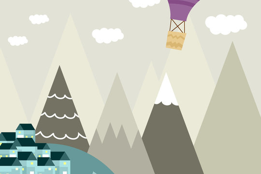 Graphic Illustration For Kids Room Wallpaper With House, Hill, And Purple Hot Air Balloon. Can Use For Print On The Wall, Pillows, Decoration Kids Interior, Baby Wear, Textile, And Card