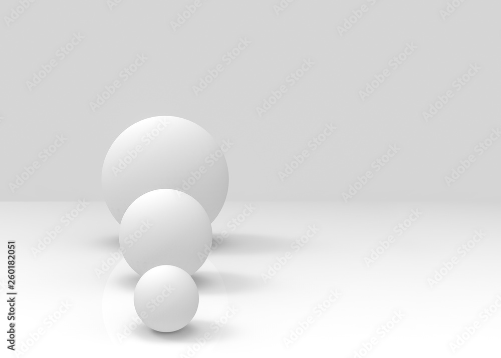 Poster 3d rendering. simple white small to big sphere ball object on gray backgorund. growing up or evoluti