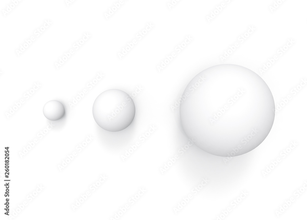 Poster 3d rendering. aerial view of simple white small to big sphere ball object on gray backgorund. growin