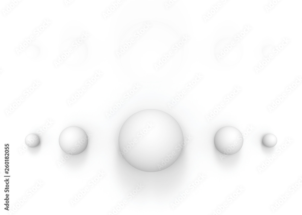Poster 3d rendering. simple white small to big sphere ball object on gray backgorund. growing up or evoluti