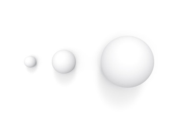 3d rendering. aerial view of simple white small to big sphere ball object on gray backgorund. growing up or evolution concept.