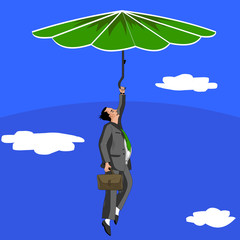 The Manager is flying on an umbrella