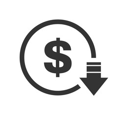 Cost reduction- decrease dollar icon. Vector symbol image isolated on background .