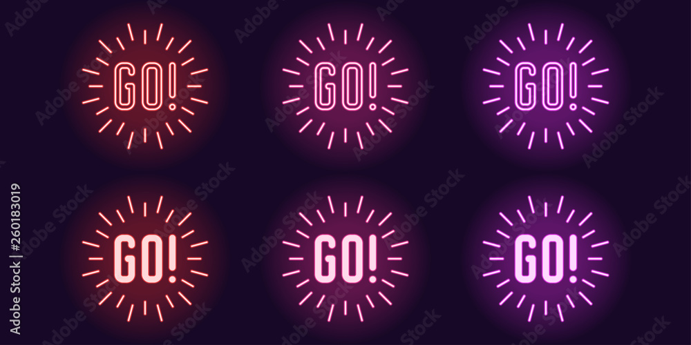 Poster neon icon, slogan set of call to action go. vector