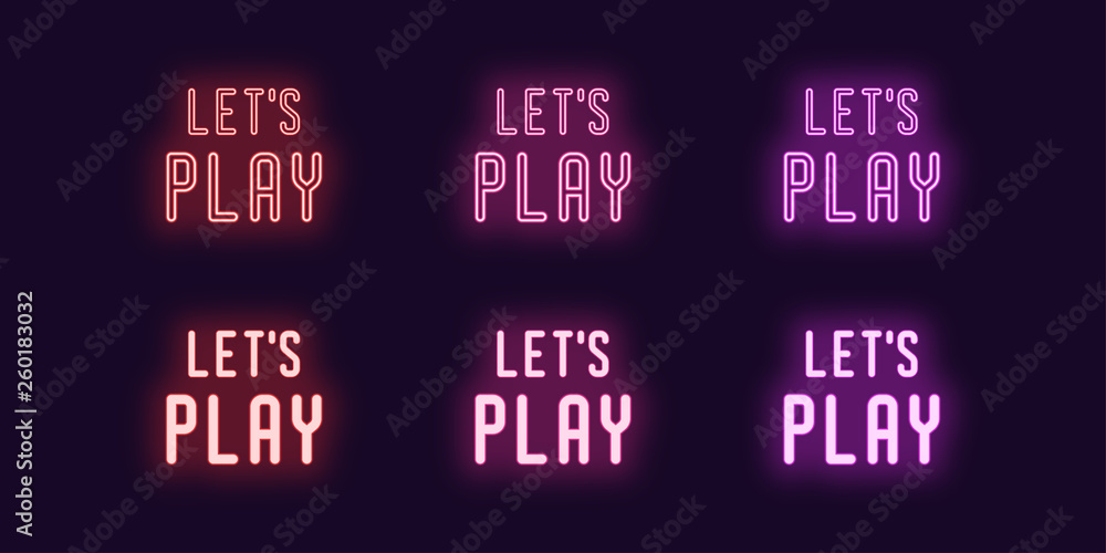 Poster neon icon set with text lets play. vector