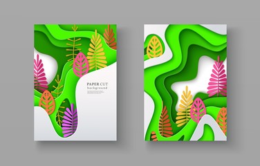 Set of seasonal banners with layered shapes and colorful leaves in paper cut style. The color palette is suitable for spring, summer, autumn. Effect of 3D in papercraft art. A4 size, vector