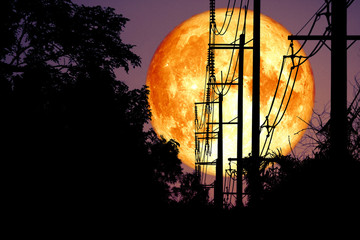 Full Fish Moon back on silhouette power electric line and pole on night sky