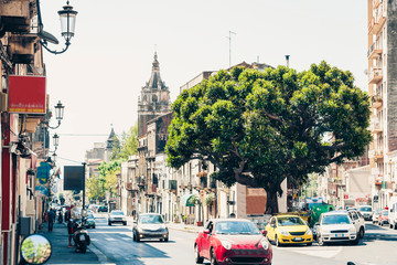 Traditional architecture of Sicily in Italy, historical street of Catania, facade of old buildings.