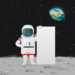 Vector illustration. Astronaut standing on the moon surface near the big sign. Outer space, Earth and stars in the background.