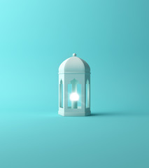 Arabic lantern on blue pastel studio lighting background. Design creative concept of islamic celebration day ramadan kareem or eid al fitr adha. 3D rendering illustration.