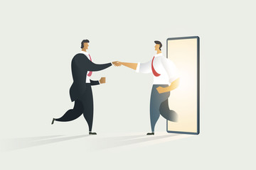 Business people shaking hands through cooperation on display mobile. illustration - vector