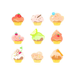 Vector Illustrations Set of Sweet Delicious Baked Pastry Cupcakes or Muffins with Сherries, Strawberry, Chocolate and Icing