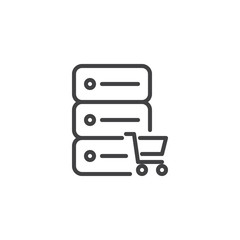 E-commerce hosting line icon. Data server and shopping cart linear style sign for mobile concept and web design. Database storage cart outline vector icon. Symbol, logo illustration. Pixel perfect 