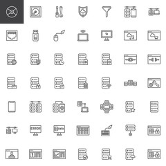 Database system line icons set. linear style symbols collection, outline signs pack. vector graphics. Set includes icons as data protection, data storage analysis, flash drive, hard drive disk 
