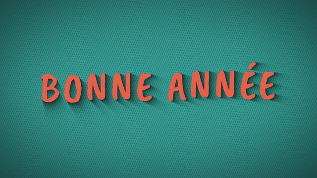 Animation bouncing letters with shadows. 'Bonne Annee'. Happy New Year in french language. Orange text on blue background