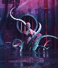 Woman with a monster creature in abandoned sewer,3d rendering