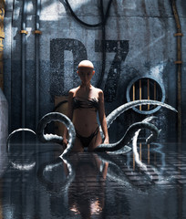 Woman with a monster creature in abandoned sewer,3d rendering © Joe Therasakdhi