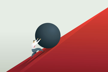 Businessman pushing boulder up to hill and hard work challenge. Concept illustration vector. - obrazy, fototapety, plakaty